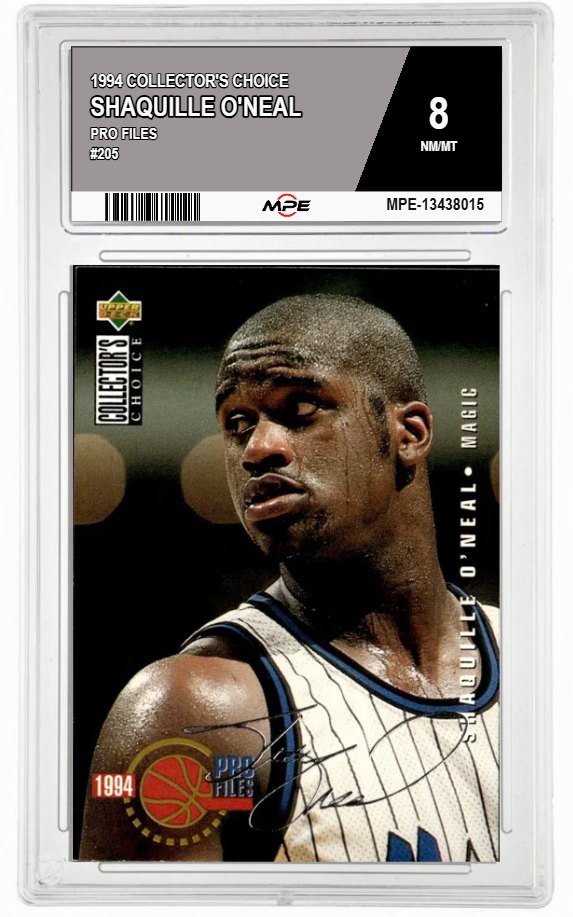 1994 COLLECTOR'S CHOICE PRO FILES #205 SHAQUILLE O'NEAL MPE 8 NM/MT — graded card auctioned from the MPE vault