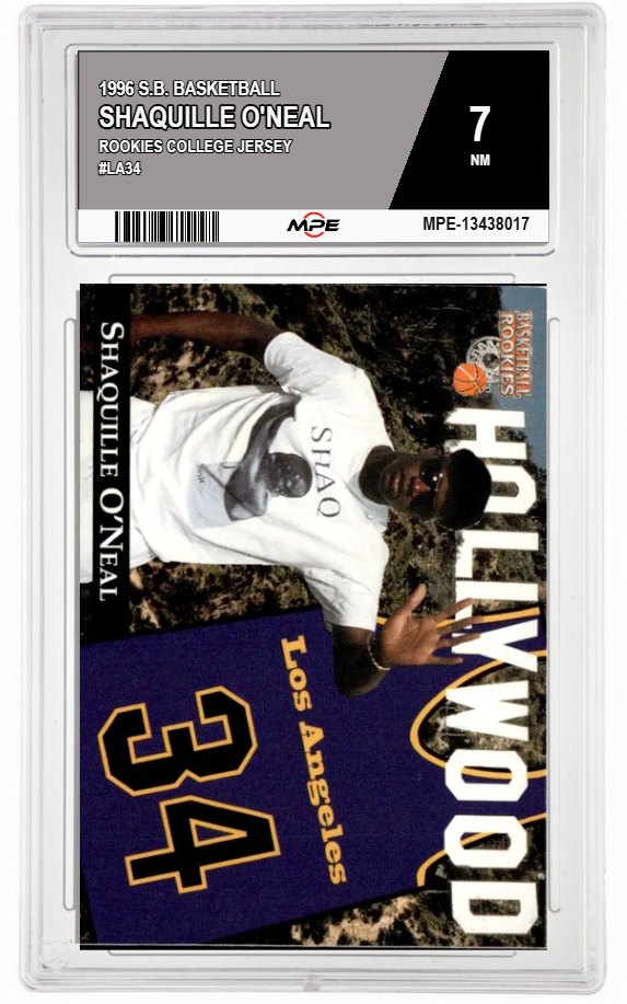 1996 S.B. BASKETBALL ROOKIES COLLEGE JERSEY #LA34 SHAQUILLE O'NEAL MPE 7 NM — graded card auctioned from the MPE vault