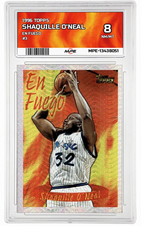 1996 TOPPS EN FUEGO #3 SHAQUILLE O'NEAL MPE 8 NM/MT — graded card auctioned from the MPE vault
