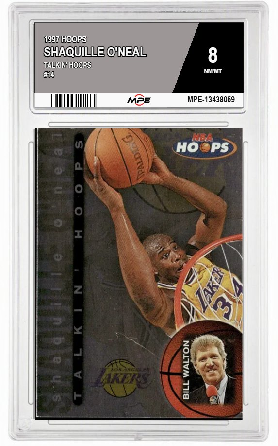 1997 HOOPS TALKIN' HOOPS #14 SHAQUILLE O'NEAL MPE 8 NM/MT — graded card auctioned from the MPE vault