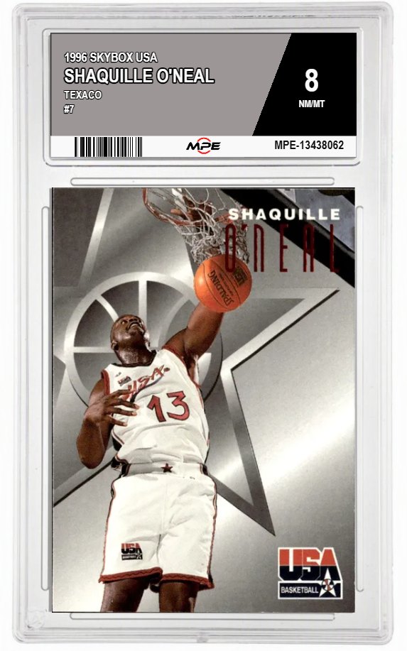 1996 SKYBOX USA TEXACO #7 SHAQUILLE O'NEAL MPE 8 NM/MT — graded card auctioned from the MPE vault