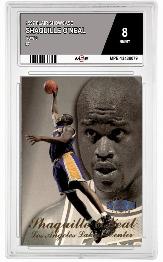 1997 FLAIR SHOWCASE Row 3 #7 SHAQUILLE O'NEAL MPE 8 NM/MT — graded card auctioned from the MPE vault