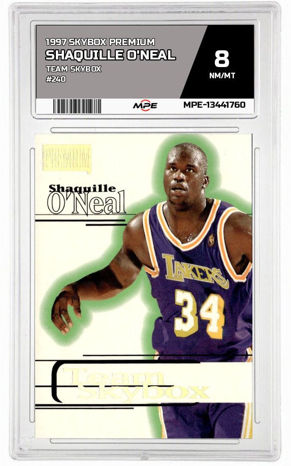 1997 SKYBOX PREMIUM TEAM SKYBOX #240 SHAQUILLE O'NEAL MPE 8 NM/MT — graded card auctioned from the MPE vault