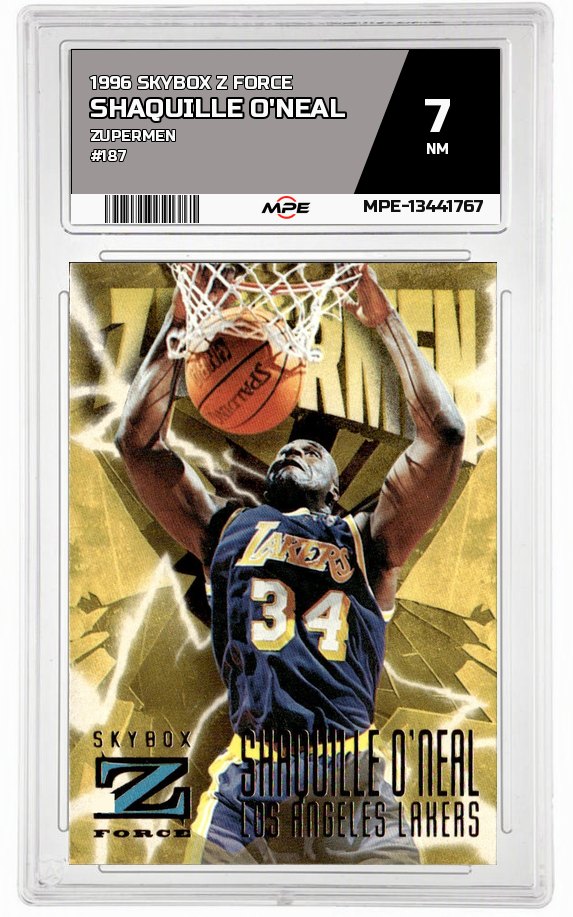 1996 SKYBOX Z FORCE ZUPERMEN #187 SHAQUILLE O'NEAL MPE 7 NM — graded card auctioned from the MPE vault