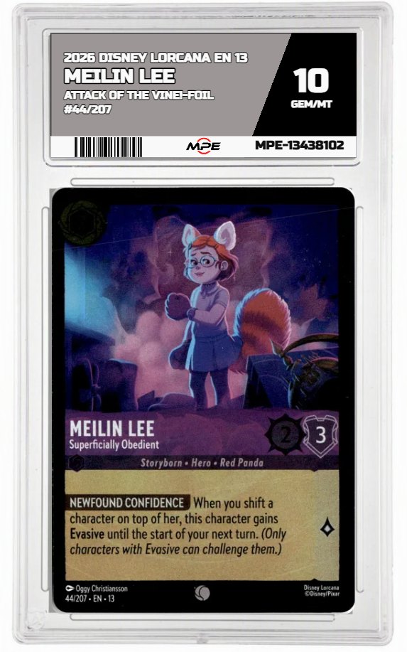 2026 DISNEY LORCANA EN 13 ATTACK OF THE VINE!-FOIL #44/207 MEILIN LEE MPE 10 GEM/MT — graded card auctioned from the MPE vault
