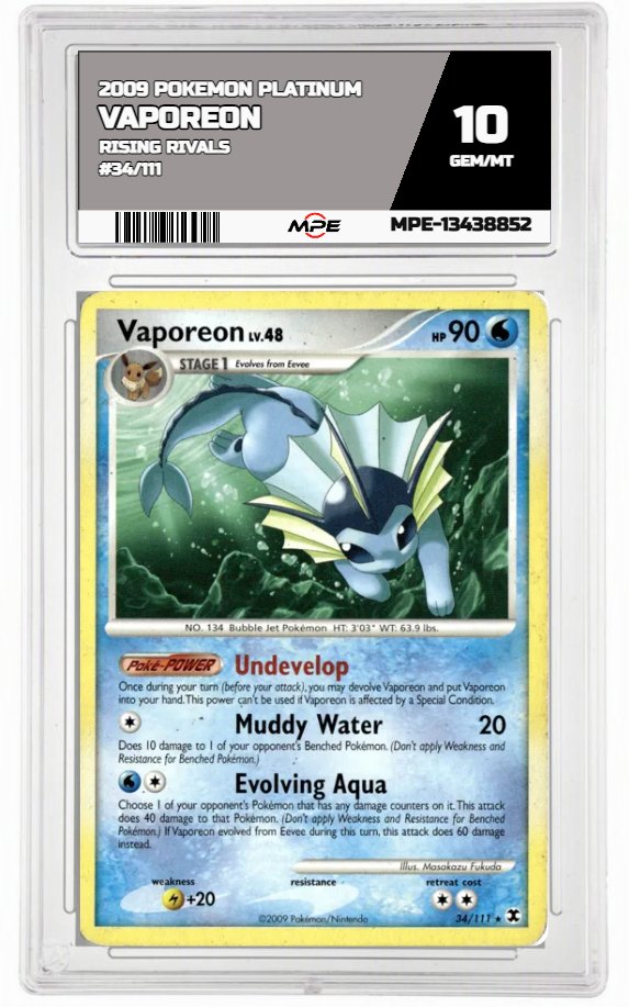 2009 POKEMON PLATINUM RISING RIVALS #34/111 VAPOREON MPE 10 GEM/MT — graded card auctioned from the MPE vault
