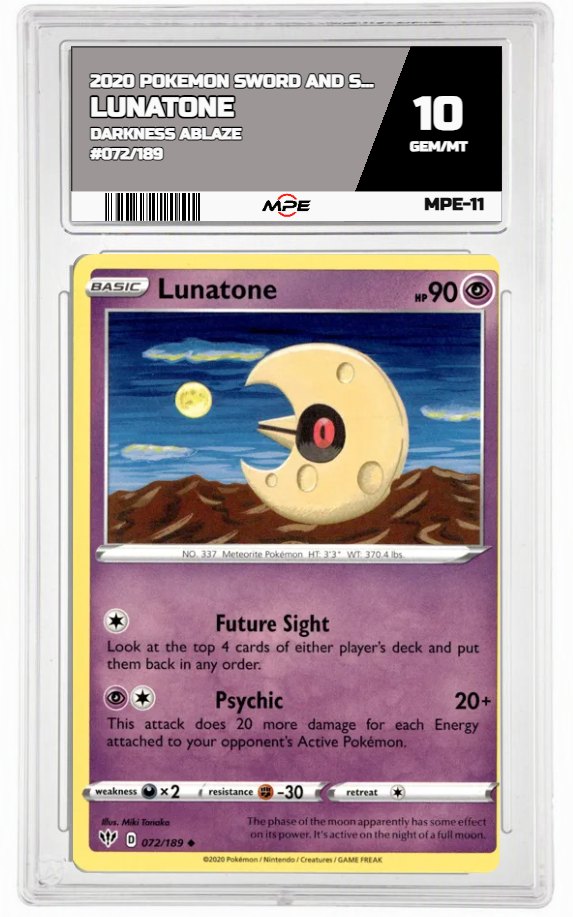 2020 POKEMON SWSH DARKNESS ABLAZE #072/189 LUNATONE MPE 10 GEM/MT — graded card auctioned from the MPE vault