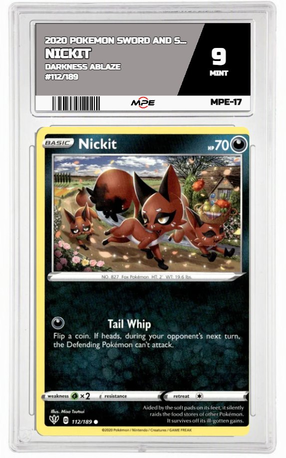 2020 POKEMON SWSH DARKNESS ABLAZE #112/189 Nickit MPE 9 MINT — graded card auctioned from the MPE vault