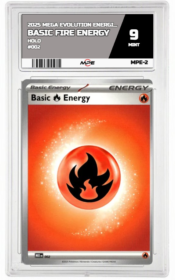2025 MEGA EVOLUTION ENERGIES HOLO #002 BASIC FIRE ENERGY MPE 9 MINT — graded card auctioned from the MPE vault