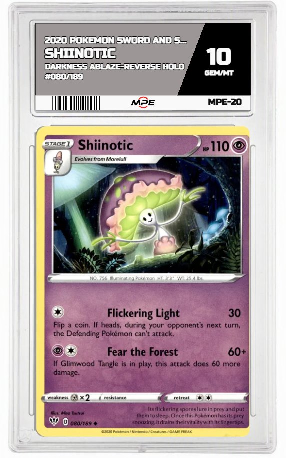 2020 POKEMON SWSH DARKNESS ABLAZE-REVERSE HOLO #080/189 SHIINOTIC MPE 10 GEM/MT — graded card auctioned from the MPE vault
