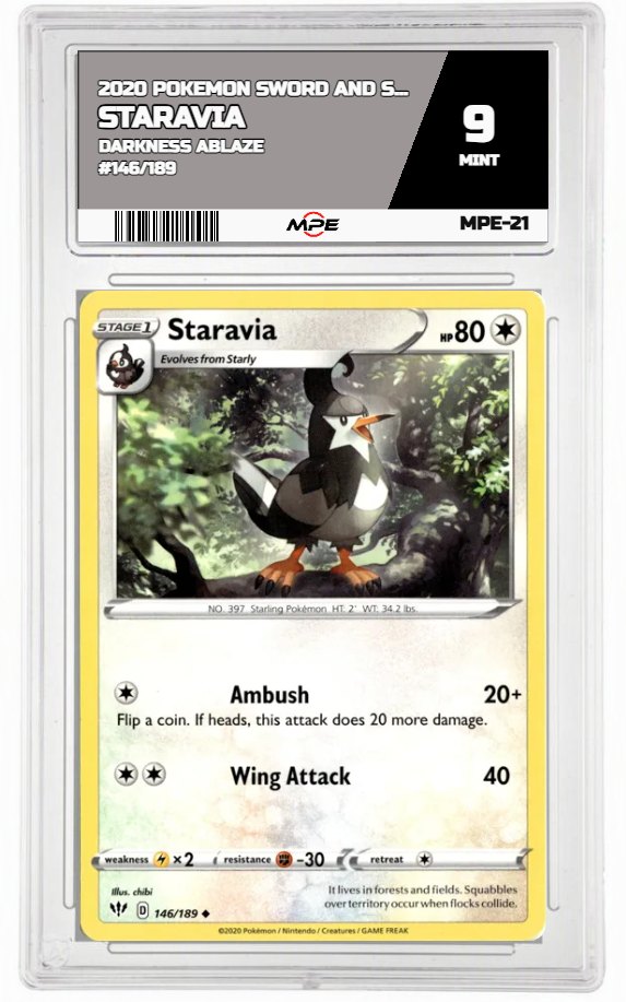 2020 POKEMON SWSH DARKNESS ABLAZE #146/189 Staravia MPE 9 MINT — graded card auctioned from the MPE vault