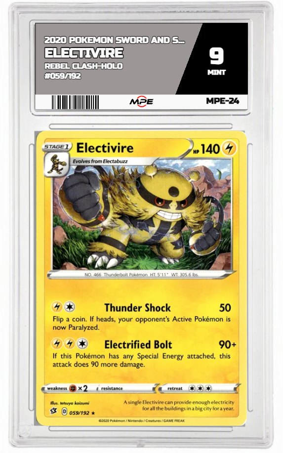 2020 POKEMON SWSH REBEL CLASH-HOLO #059/192 Electivire MPE 9 MINT — graded card auctioned from the MPE vault
