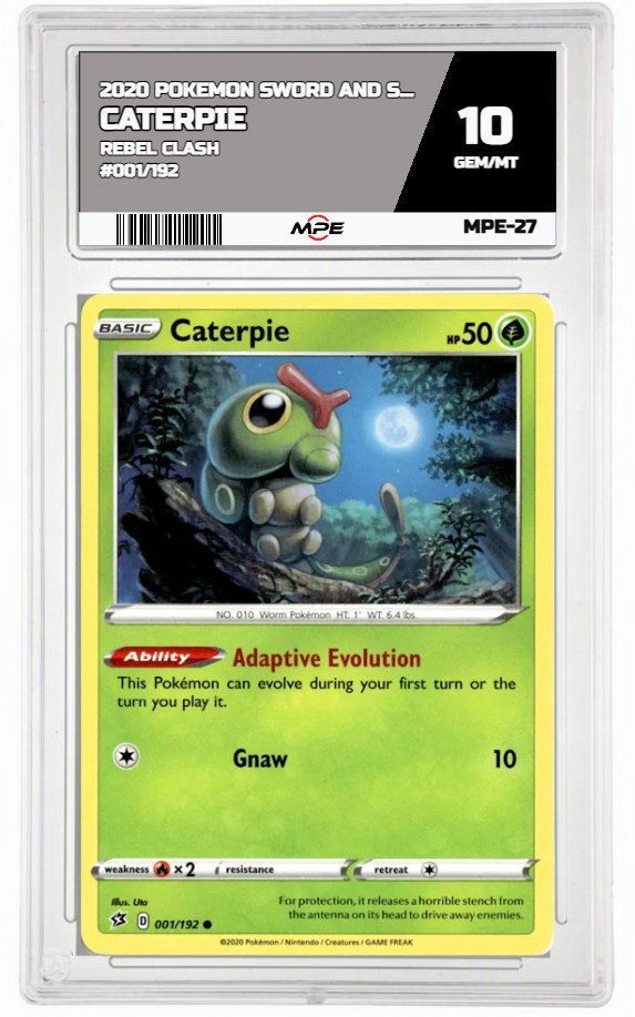 2020 POKEMON SWSH REBEL CLASH #001/192 Caterpie MPE 10 GEM/MT — graded card auctioned from the MPE vault