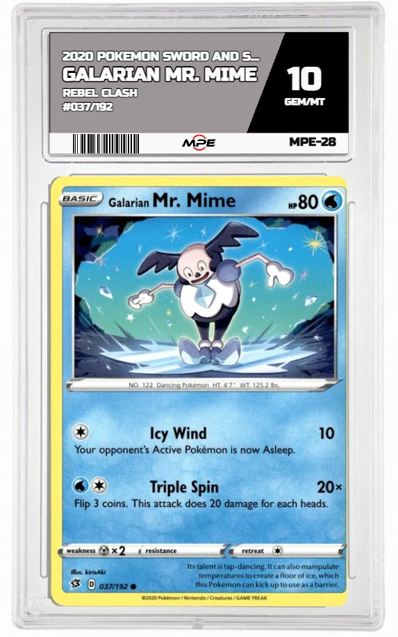 2020 POKEMON SWSH REBEL CLASH #037/192 Galarian Mr. Mime MPE 10 GEM/MT — graded card auctioned from the MPE vault
