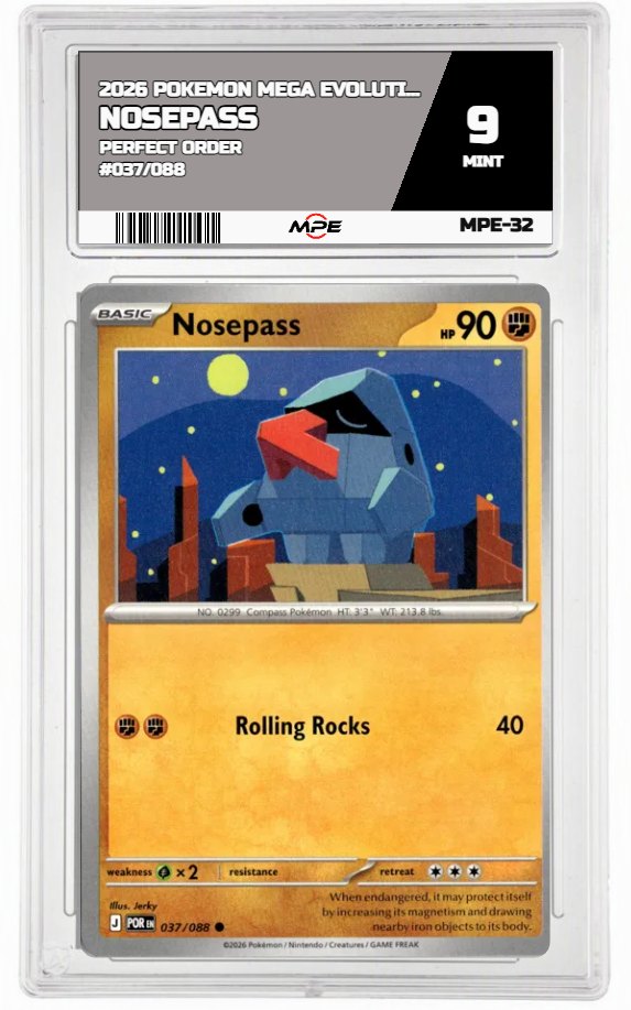 2026 POKEMON MEGA EVOLUTION PERFECT ORDER #037/088 NOSEPASS MPE 9 MINT — graded card auctioned from the MPE vault