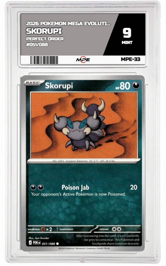 2026 POKEMON MEGA EVOLUTION PERFECT ORDER #051/088 SKORUPI MPE 9 MINT — graded card auctioned from the MPE vault