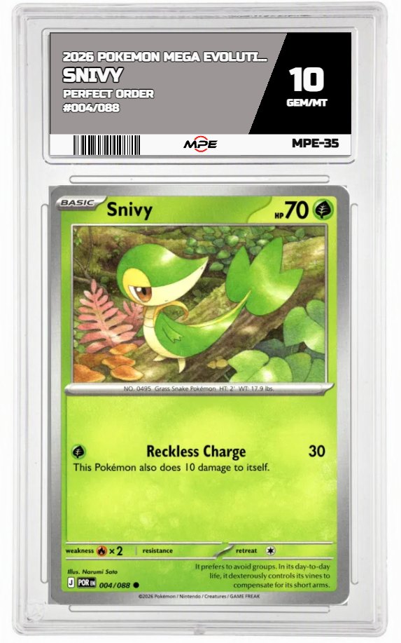 2026 POKEMON MEGA EVOLUTION PERFECT ORDER #004/088 SNIVY MPE 10 GEM/MT — graded card auctioned from the MPE vault
