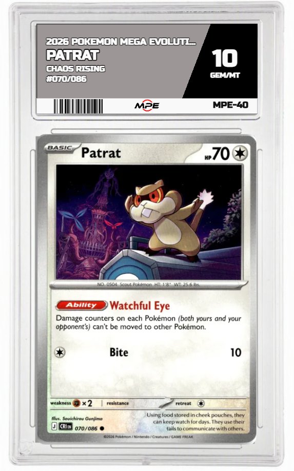 2026 POKEMON MEGA EVOLUTION CHAOS RISING #070/086 PATRAT MPE 10 GEM/MT — graded card auctioned from the MPE vault
