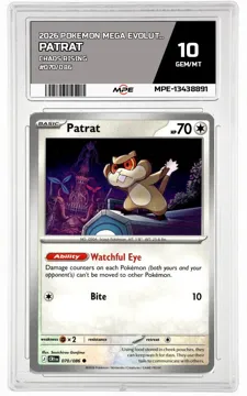 2026 POKEMON MEGA EVOLUTION CHAOS RISING #070/086 PATRAT MPE 10 GEM/MT — graded card up for auction