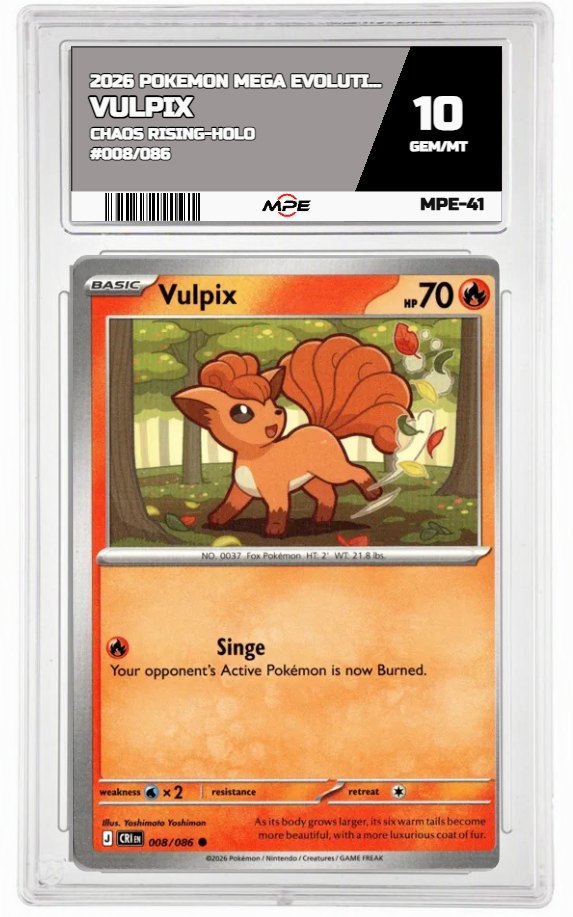 2026 POKEMON MEGA EVOLUTION CHAOS RISING-HOLO #008/086 VULPIX MPE 10 GEM/MT — graded card auctioned from the MPE vault