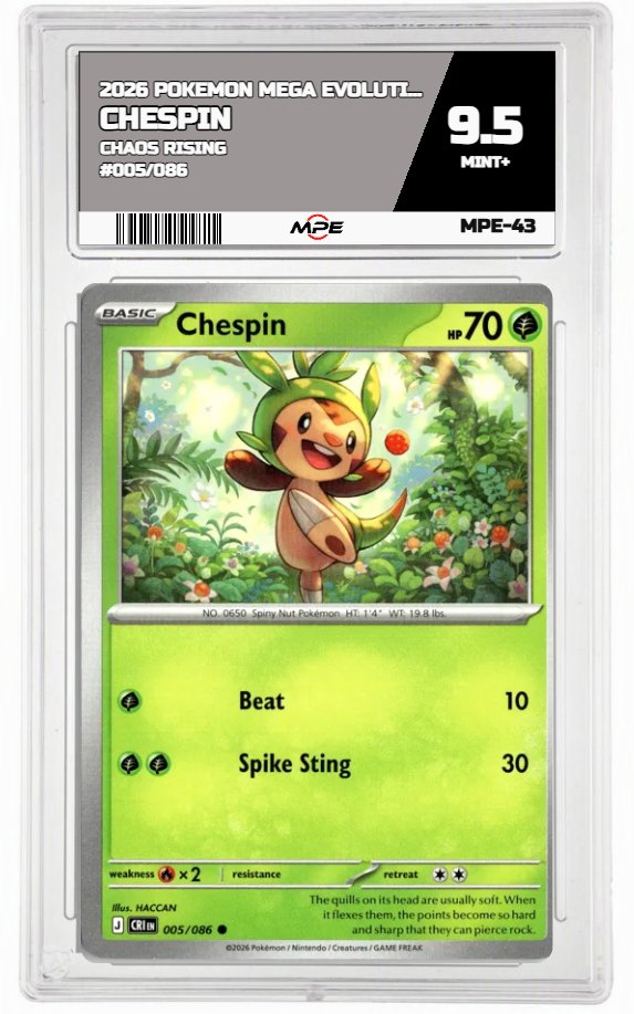 2026 POKEMON MEGA EVOLUTION CHAOS RISING #005/086 CHESPIN MPE 9.5 MINT+ — graded card auctioned from the MPE vault