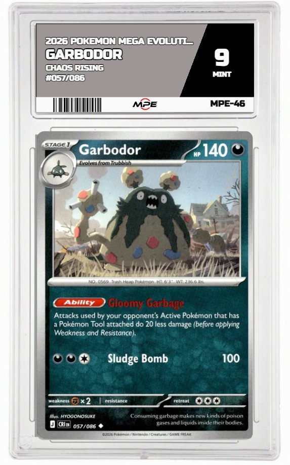 2026 POKEMON MEGA EVOLUTION CHAOS RISING #057/086 GARBODOR MPE 9 MINT — graded card auctioned from the MPE vault