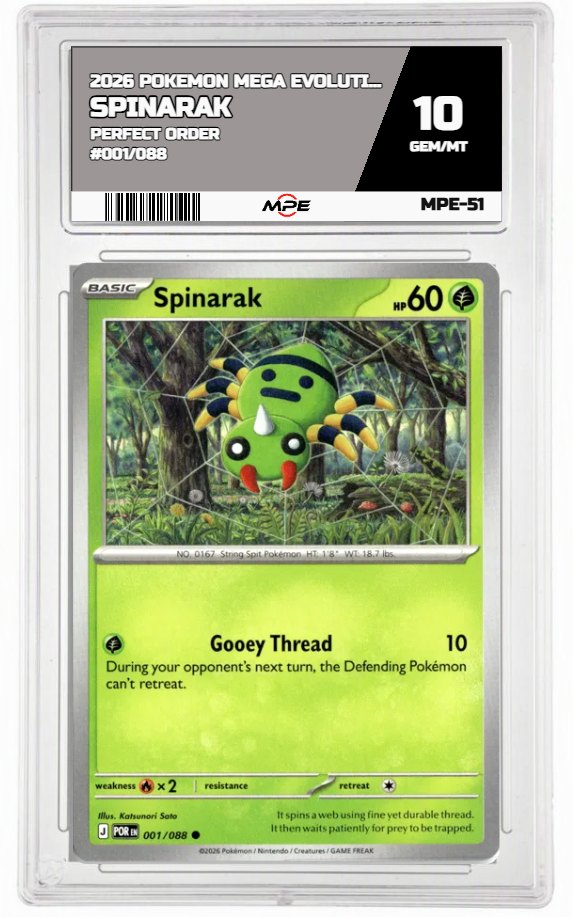 2026 POKEMON MEGA EVOLUTION PERFECT ORDER #001/088 Spinarak MPE 10 GEM/MT — graded card auctioned from the MPE vault