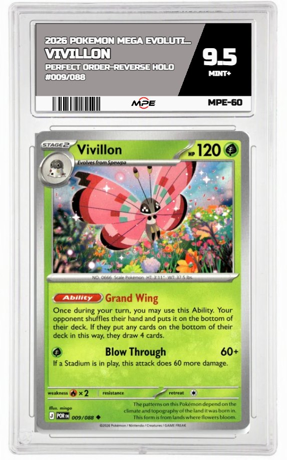 2026 POKEMON MEGA EVOLUTION PERFECT ORDER-REVERSE HOLO #009/088 Vivillon MPE 9.5 MINT+ — graded card auctioned from the MPE vault