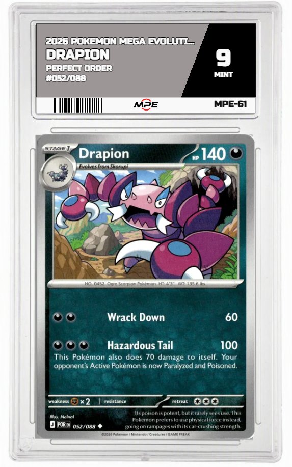 2026 POKEMON MEGA EVOLUTION PERFECT ORDER #052/088 Drapion MPE 9 MINT — graded card auctioned from the MPE vault