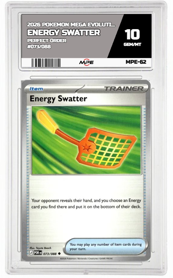 2026 POKEMON MEGA EVOLUTION PERFECT ORDER #073/088 ENERGY SWATTER MPE 10 GEM/MT — graded card auctioned from the MPE vault
