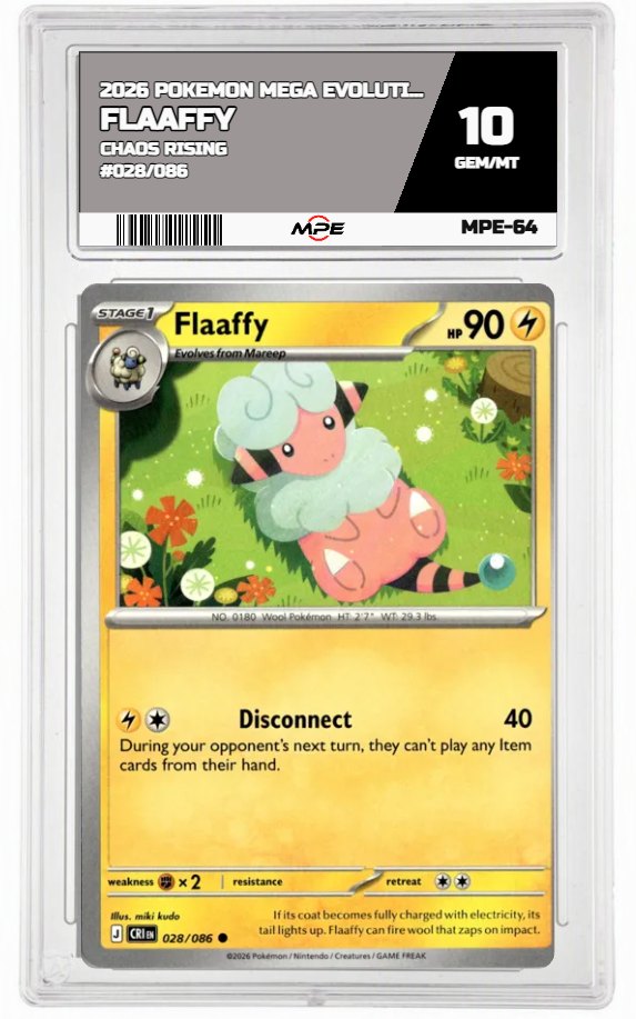 2026 POKEMON MEGA EVOLUTION CHAOS RISING #028/086 Flaaffy MPE 10 GEM/MT — graded card auctioned from the MPE vault