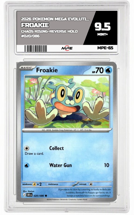2026 POKEMON MEGA EVOLUTION CHAOS RISING-REVERSE HOLO #020/086 FROAKIE MPE 9.5 MINT+ — graded card auctioned from the MPE vault