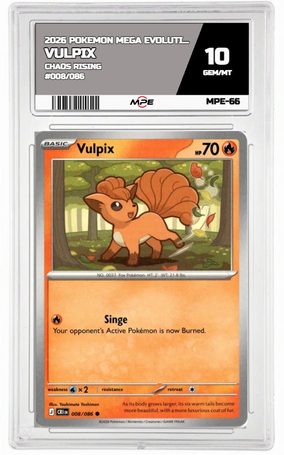 2026 POKEMON MEGA EVOLUTION CHAOS RISING #008/086 Vulpix MPE 10 GEM/MT — graded card auctioned from the MPE vault