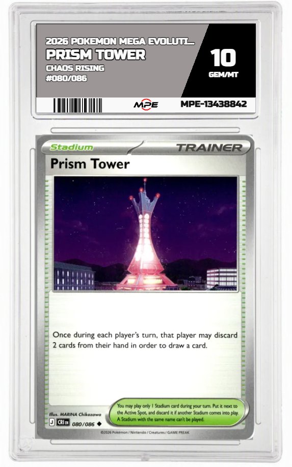 2026 POKEMON MEGA EVOLUTION CHAOS RISING #080/086 Prism Tower MPE 10 GEM/MT — graded card auctioned from the MPE vault