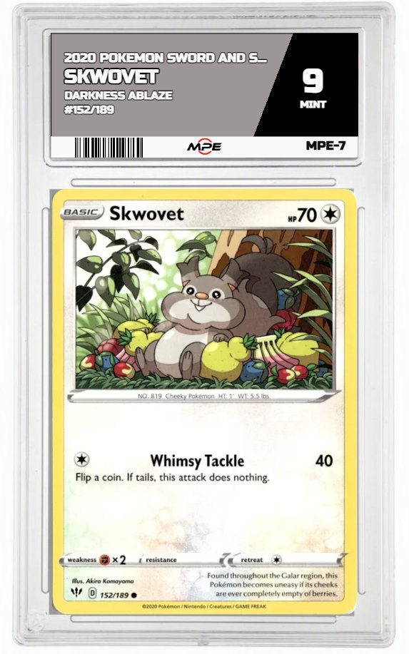 2020 POKEMON SWSH DARKNESS ABLAZE #152/189 Skwovet MPE 9 MINT — graded card auctioned from the MPE vault