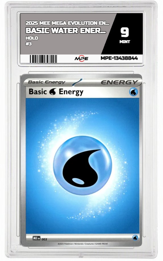 2025 MEE MEGA EVOLUTION ENERGIES HOLO #3 BASIC WATER ENERGY MPE 9 MINT — graded card auctioned from the MPE vault