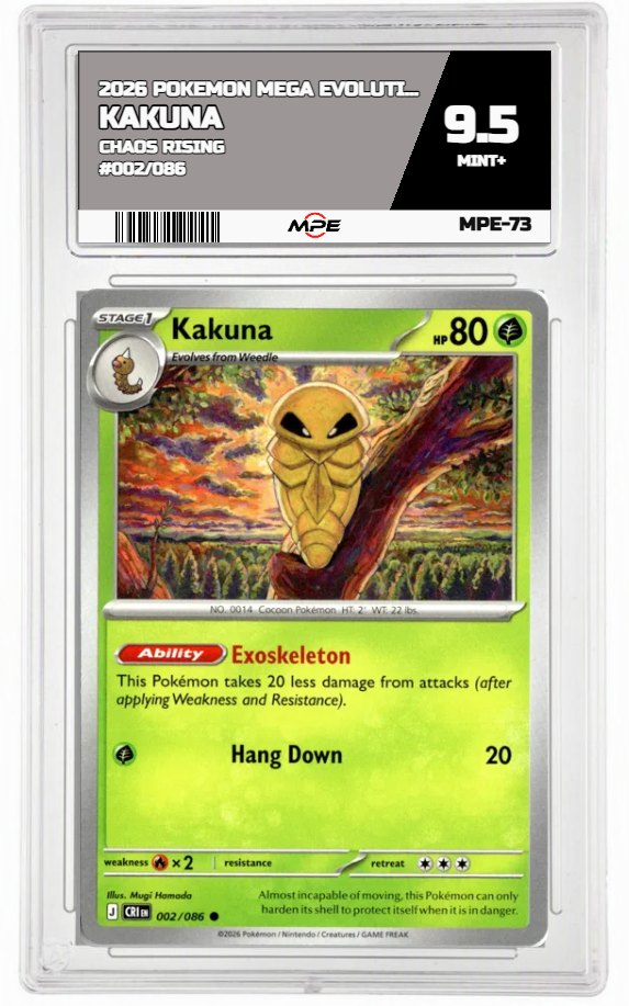 2026 POKEMON MEGA EVOLUTION CHAOS RISING #002/086 Kakuna MPE 9.5 MINT+ — graded card auctioned from the MPE vault
