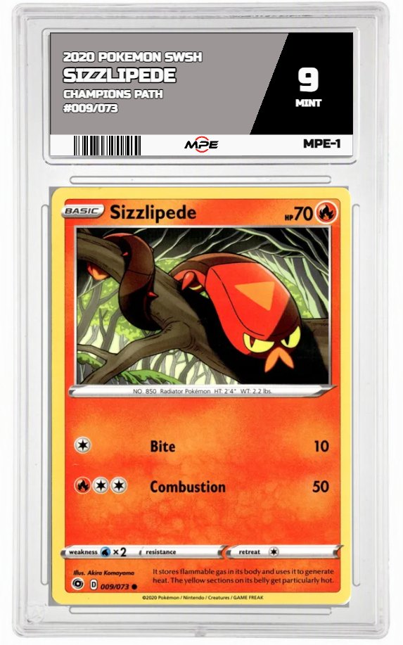 2020 POKEMON SWSH CHAMPIONS PATH #009/073 Sizzlipede MPE 9 MINT — graded card auctioned from the MPE vault