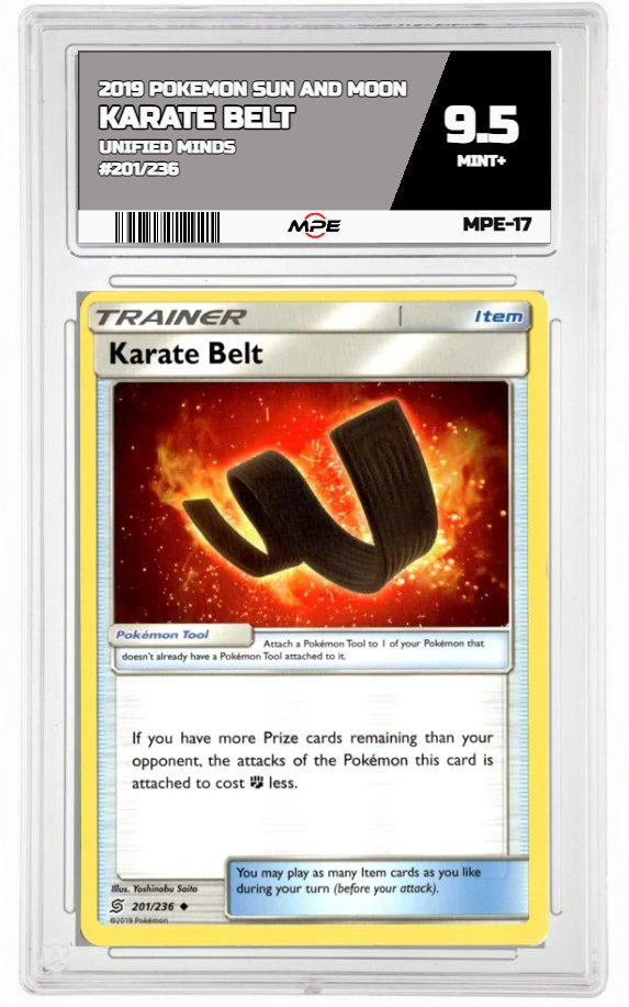 2019 POKEMON SUN AND MOON UNIFIED MINDS #201/236 KARATE BELT MPE 9.5 MINT+ — graded card auctioned from the MPE vault