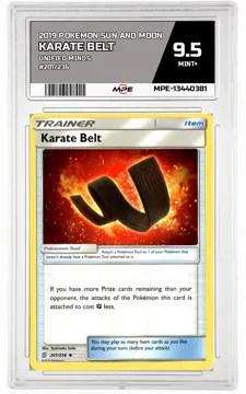 2019 POKEMON SUN AND MOON UNIFIED MINDS #201/236 KARATE BELT MPE 9.5 MINT+ — graded card up for auction