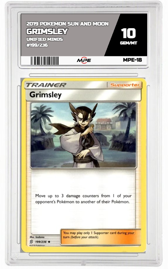 2019 POKEMON SUN AND MOON UNIFIED MINDS #199/236 GRIMSLEY MPE 10 GEM/MT — graded card auctioned from the MPE vault