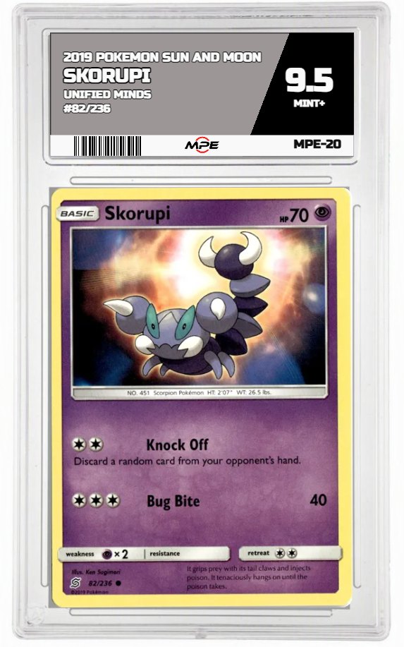 2019 POKEMON SUN AND MOON UNIFIED MINDS #82/236 Skorupi MPE 9.5 MINT+ — graded card auctioned from the MPE vault