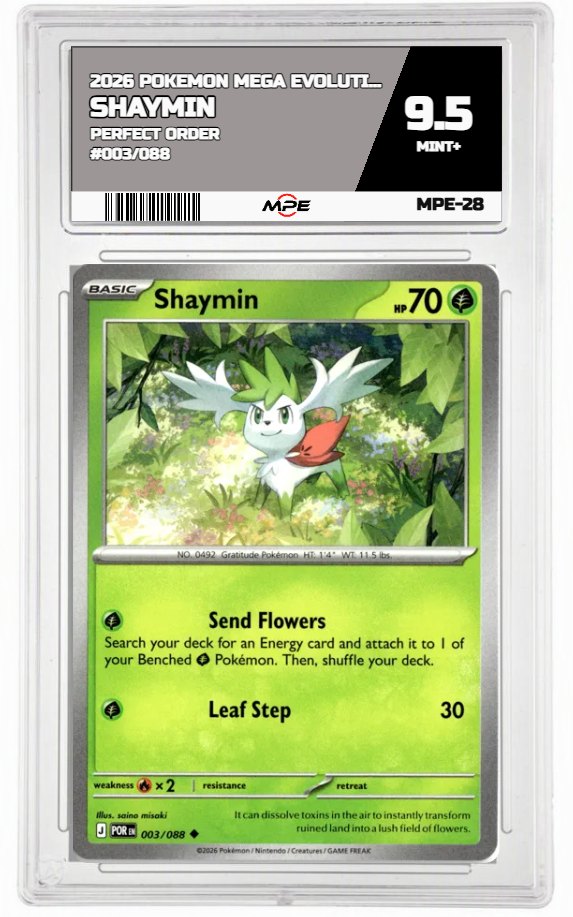 2026 POKEMON MEGA EVOLUTION PERFECT ORDER #003/088 Shaymin MPE 9.5 MINT+ — graded card auctioned from the MPE vault