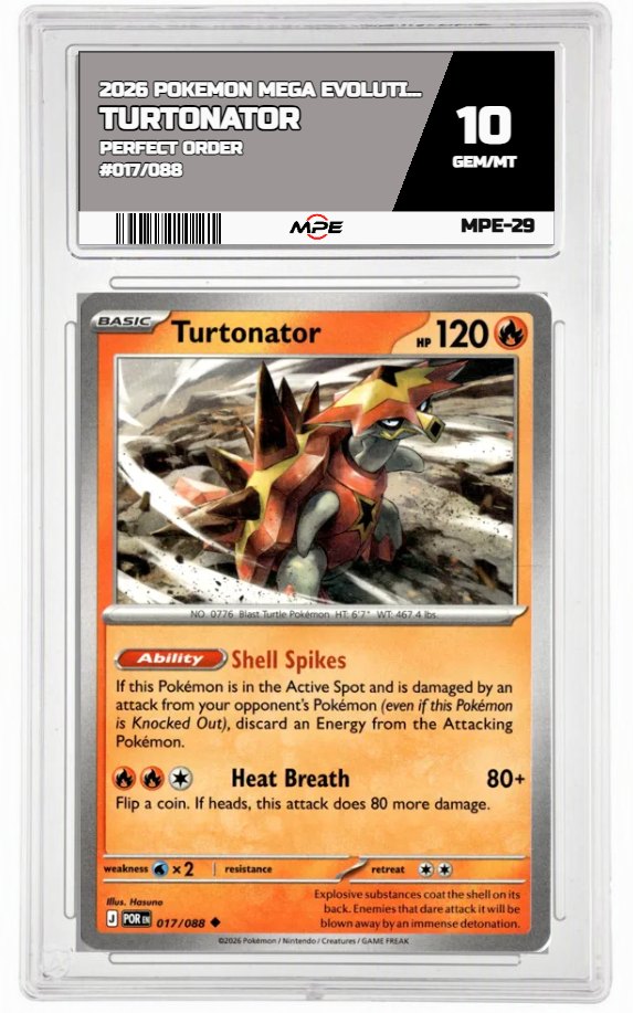 2026 POKEMON MEGA EVOLUTION PERFECT ORDER #017/088 TURTONATOR MPE 10 GEM/MT — graded card auctioned from the MPE vault