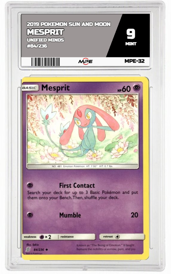 2019 POKEMON SUN AND MOON UNIFIED MINDS #84/236 MESPRIT MPE 9 MINT — graded card auctioned from the MPE vault