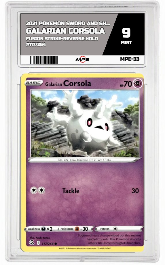 2021 POKEMON SWSH FUSION STRIKE-REVERSE HOLO #117/264 Galarian Corsola MPE 9 MINT — graded card auctioned from the MPE vault