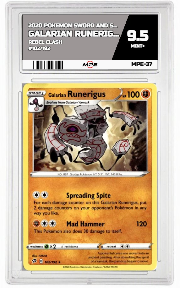 2020 POKEMON SWSH REBEL CLASH #102/192 Galarian Runerigus MPE 9.5 MINT+ — graded card auctioned from the MPE vault