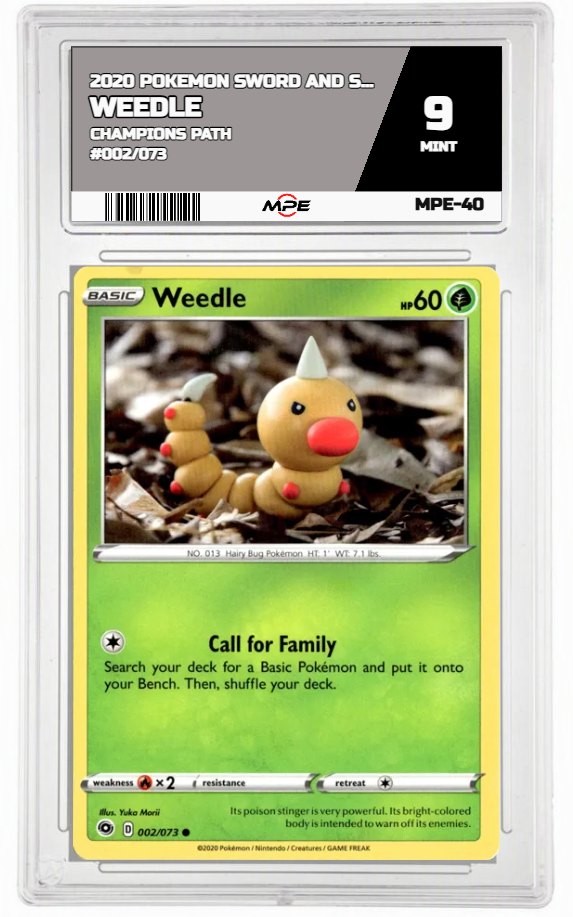 2020 POKEMON SWSH CHAMPIONS PATH #002/073 Weedle MPE 9 MINT — graded card auctioned from the MPE vault
