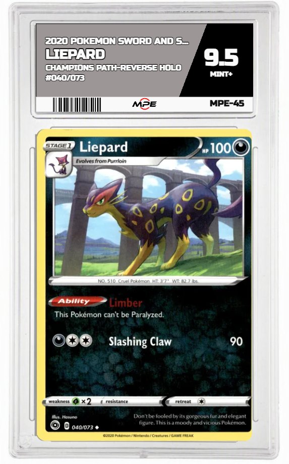 2020 POKEMON SWSH CHAMPIONS PATH-REVERSE HOLO #040/073 Liepard MPE 9.5 MINT+ — graded card auctioned from the MPE vault
