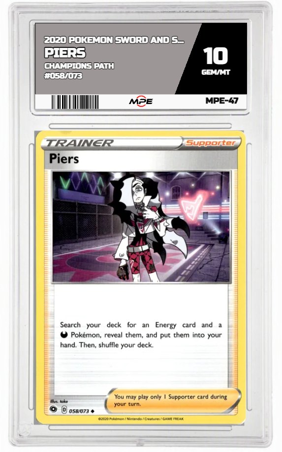 2020 POKEMON SWSH CHAMPIONS PATH #058/073 PIERS MPE 10 GEM/MT — graded card auctioned from the MPE vault